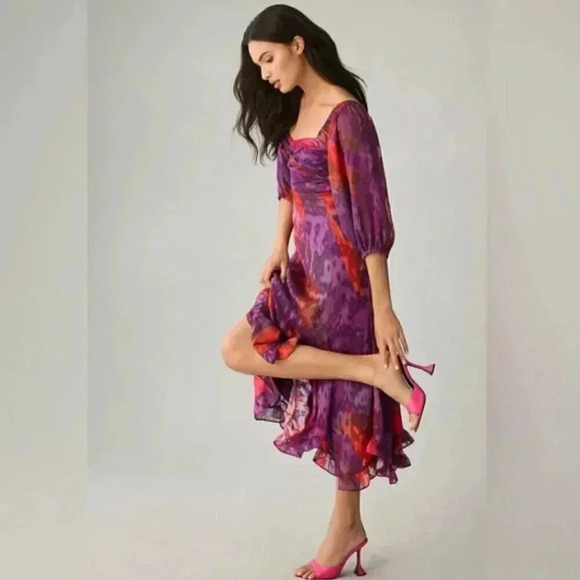 NWT Anthropologie HUTCH Printed Twist Puff Sleeve Ruffle Tie Dye Midi Dress XSP - Picture 3 of 6